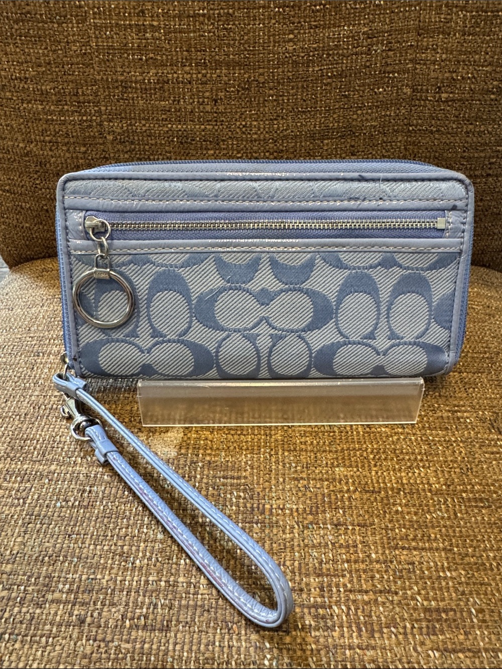 Coach Light Blue Signature Jacquard Wristlet Wallet